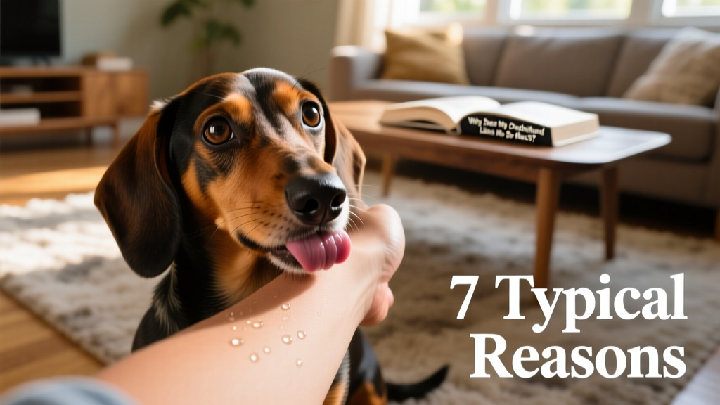 Close-up of a dachshund’s gentle, open-mouthed lick on a human forearm