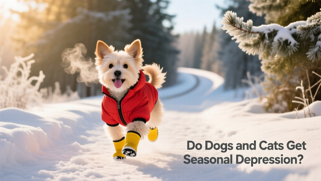 A small dog wearing a red reversible jacket and yellow booties, happily walking on a snowy path