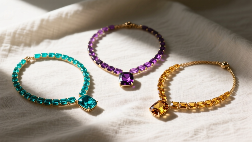 Flat lay of three color necklaces featuring turquoise, amethyst, and citrine gems arranged on neutral linen in natural sunlight.