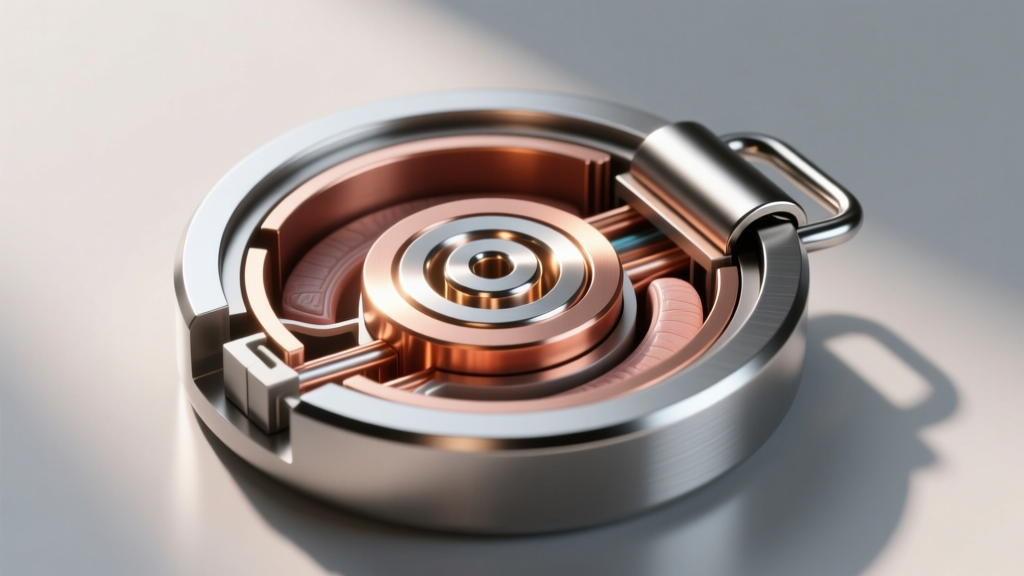 Cutaway 3D render of a magnetic clasp showing a neodymium core, copper-nickel coating, and polished stainless steel outer case
