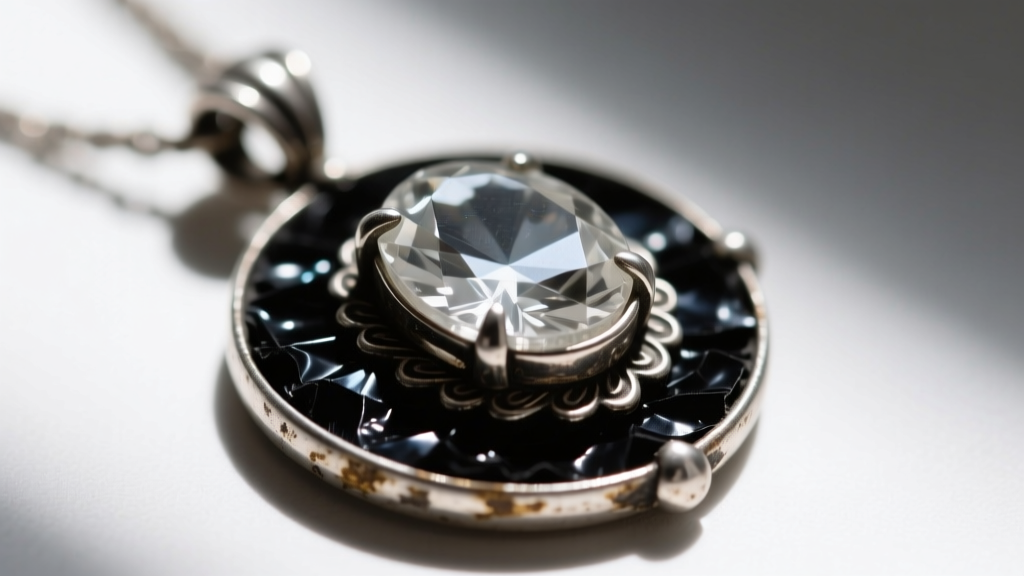 Close-up of an antique Georgian pendant showing oxidized black foil behind a flat-cut rock crystal in a tarnished silver collet