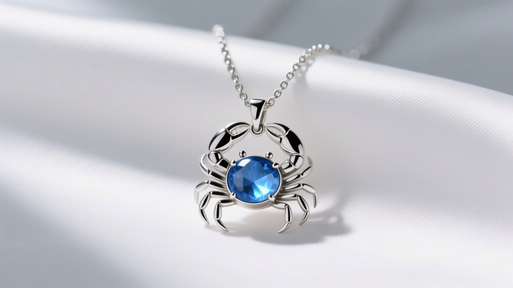 Sterling silver Cancer zodiac necklace with a delicate crab pendant and glowing blue moonstone, resting on white silk fabric.