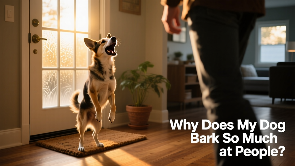 A dog barking alertly at someone approaching the front door
