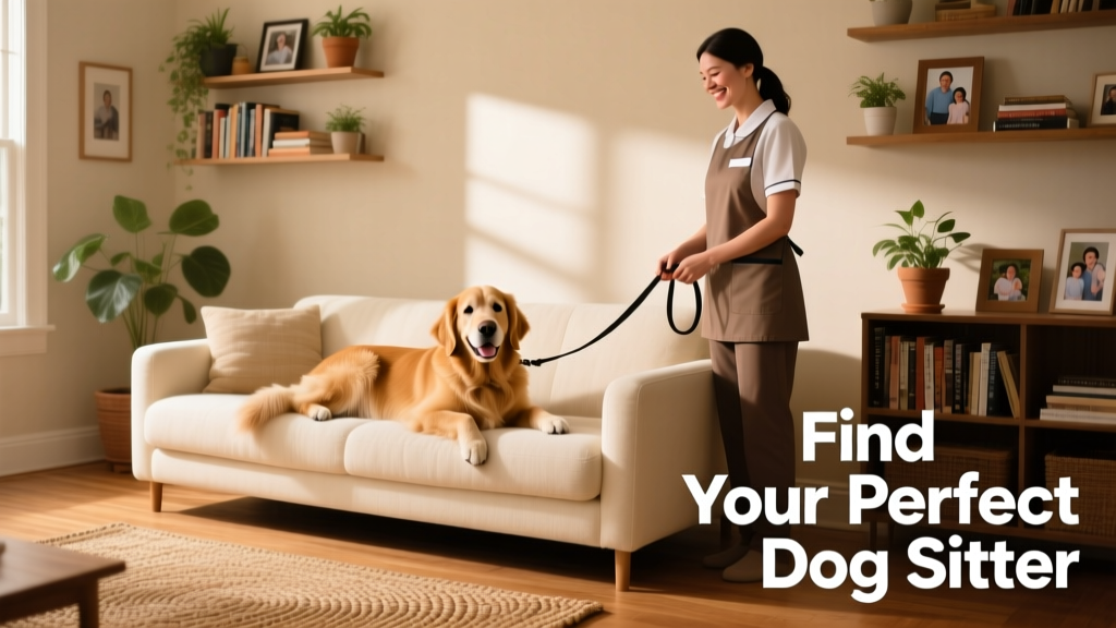 A friendly dog relaxing on a cozy sofa in a bright, welcoming living room with a sitter nearby