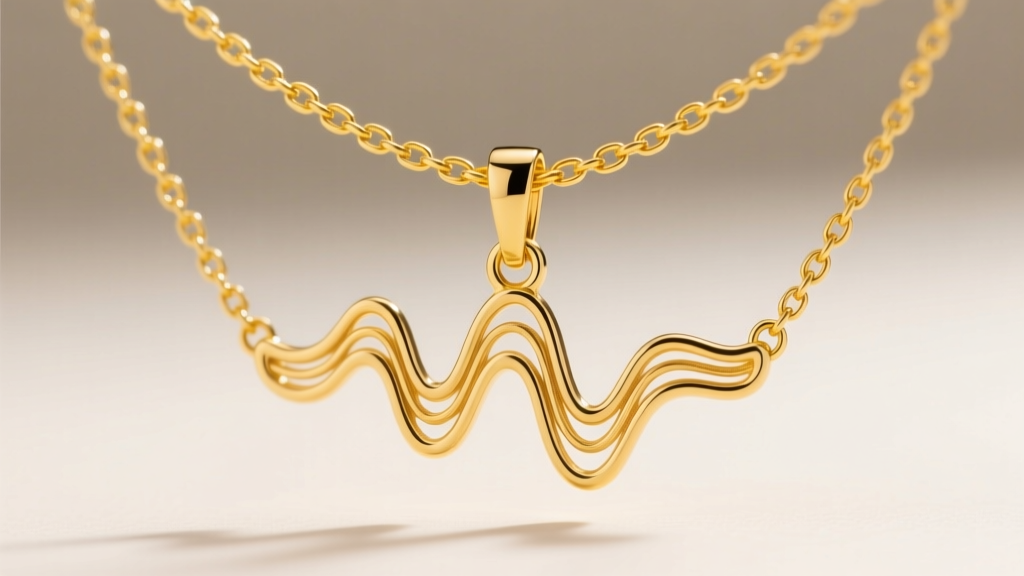 Macro shot of a delicate 1.2mm yellow gold cable chain threaded through the hidden bail of a custom song waveform metal necklace