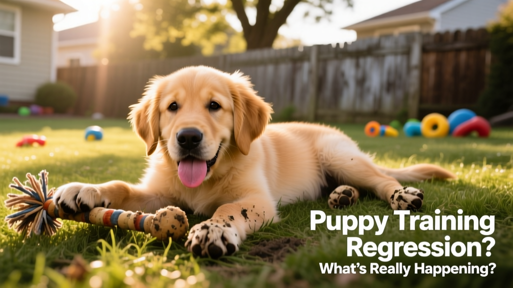 A happy, tired puppy resting after an energetic outdoor play session with a flirt pole toy