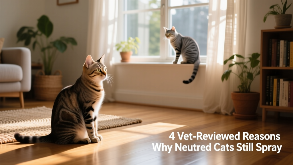 Two cats sitting side-by-side in a sunlit room, one looking toward a window where another cat is visible outside