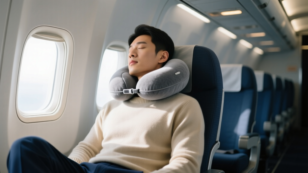 Passenger sleeping comfortably in an economy airplane seat wearing a grey fleece ergonomic neck support pillow with internal strut