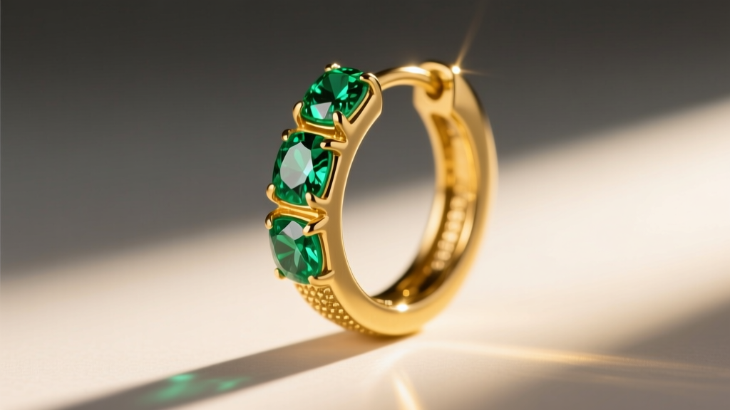 Macro photography of a 14k yellow gold huggie hoop featuring three bezel-set lab-grown emeralds catching theatrical stage lighting