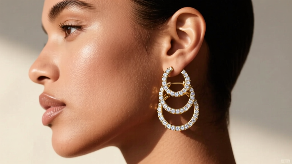 Side profile of model wearing diamond-accented 14k white gold triple hoop earring, showing the stacked lobe styling trend