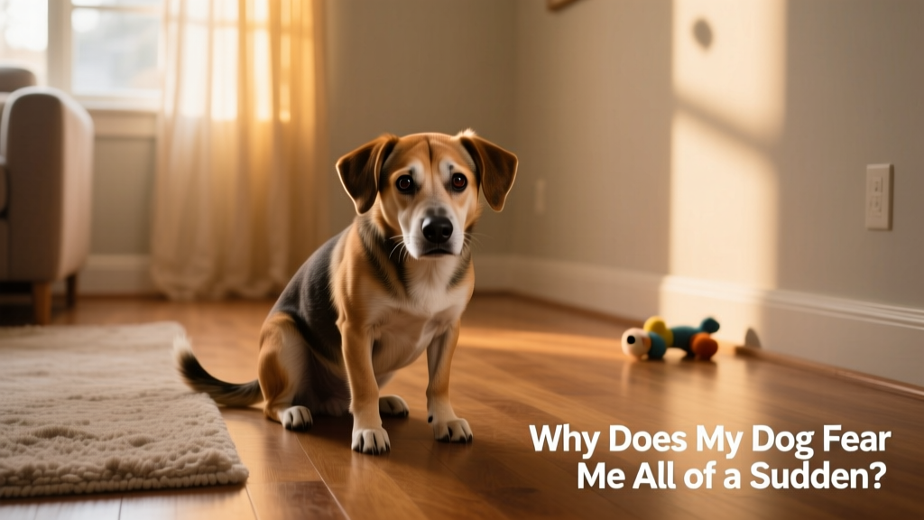 A young dog crouching low with ears back and tail tucked, looking anxious in a quiet indoor setting