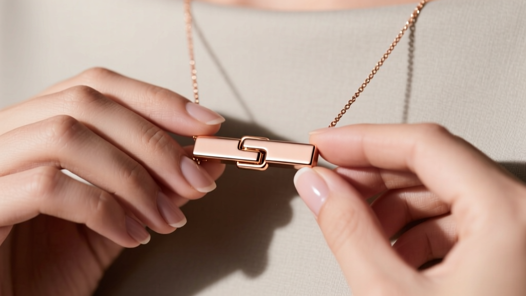 Close-up of hands fastening a sleek rose gold magnetic clasp necklace, highlighting the seamless connection and modern design.