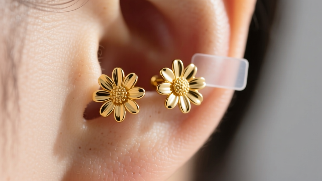 Macro shot of heavy 18k solid gold daisy flower earrings on a lobe, secured by a clear silicone patch to prevent sagging