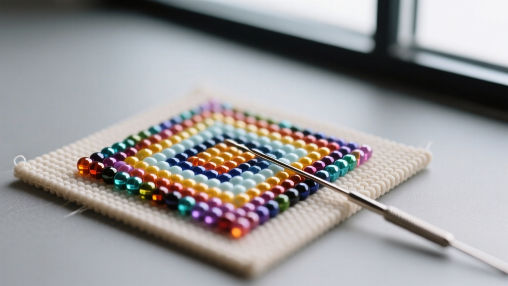 Macro shot of 11/0 Miyuki Delica seed beads in a geometric brick stitch pattern on a beading mat next to a size 12 needle