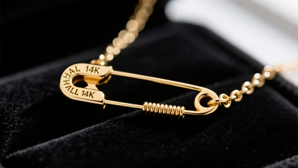 Close-up of a 14k gold safety pin necklace pendant on dark velvet, highlighting the hallmarked clasp and spring coil mechanism.