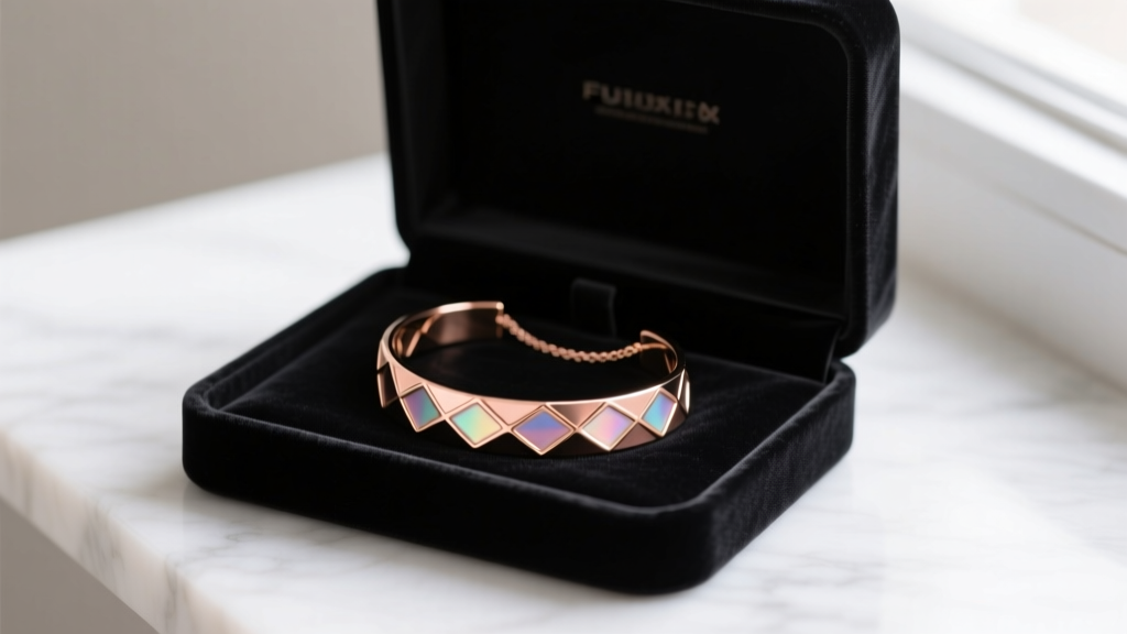 Velvet-lined box holding a rose gold enamel cuff necklace, showing flat storage to prevent metal warping and surface scratching.