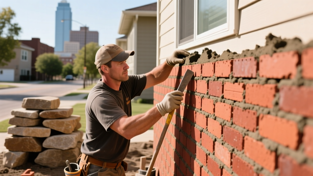 Mason laying red clay brick veneer on a residential exterior wall using mortar, with stacked natural stone pavers in the Oklahoma City background
