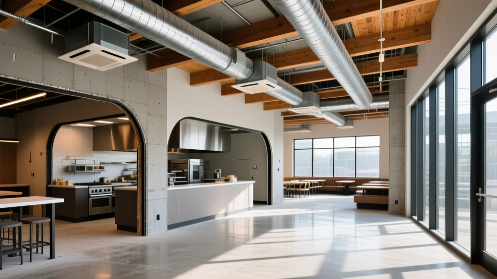 Modern fast-casual restaurant under construction featuring exposed HVAC ductwork, commercial kitchen framing, and polished concrete floors