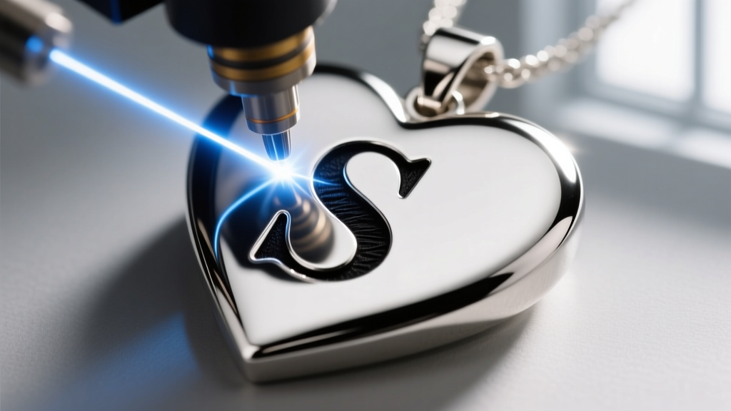 Close-up of a fiber laser engraving the letter S into a silver heart pendant, highlighting the deep oxidized font contrast.
