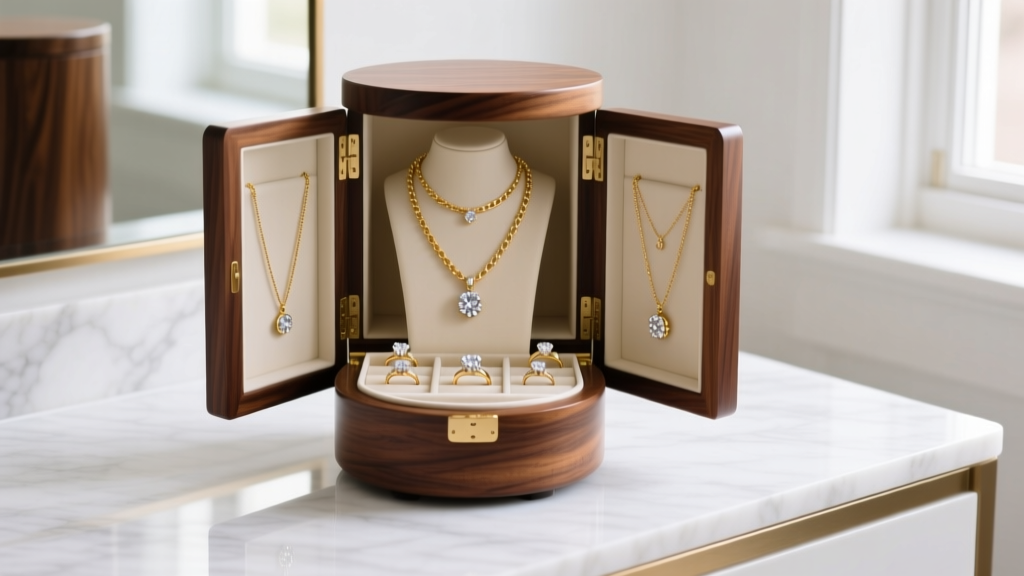 Tall walnut wood rotating jewelry box on a white marble vanity, doors open to reveal neatly hung gold necklaces and diamond rings.