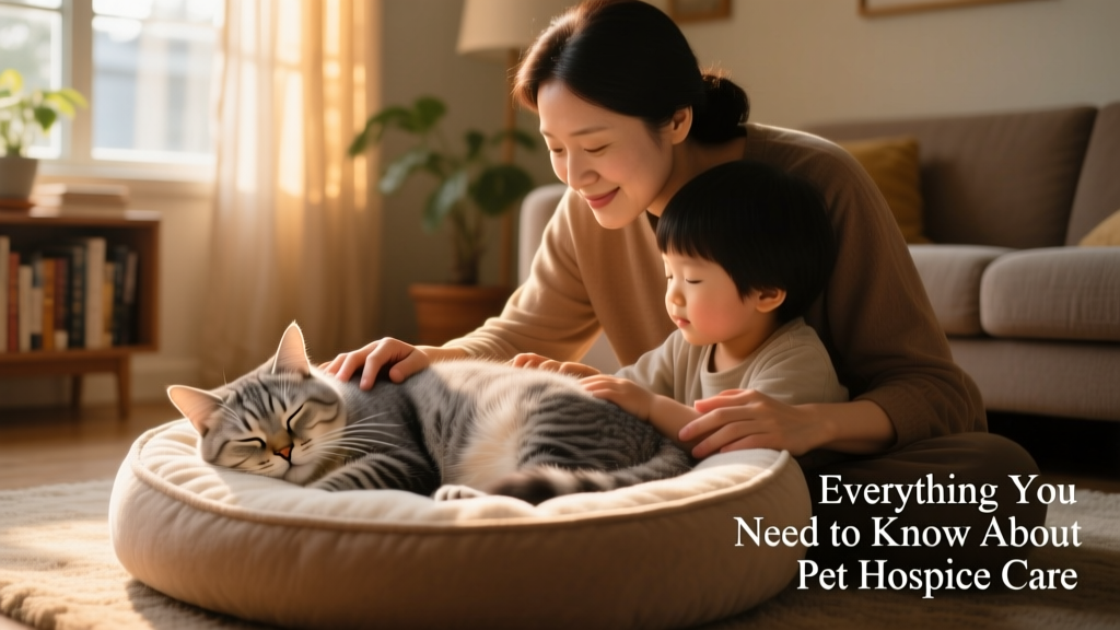 Owner and child gently stroking a calm, sleeping senior cat on a cozy pet bed