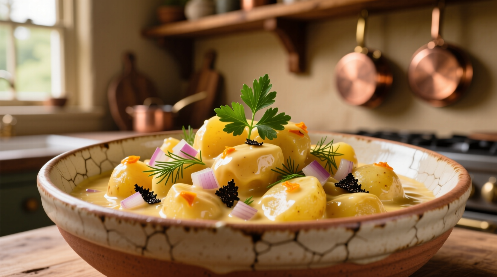 Golden potato stroganoff in ceramic bowl