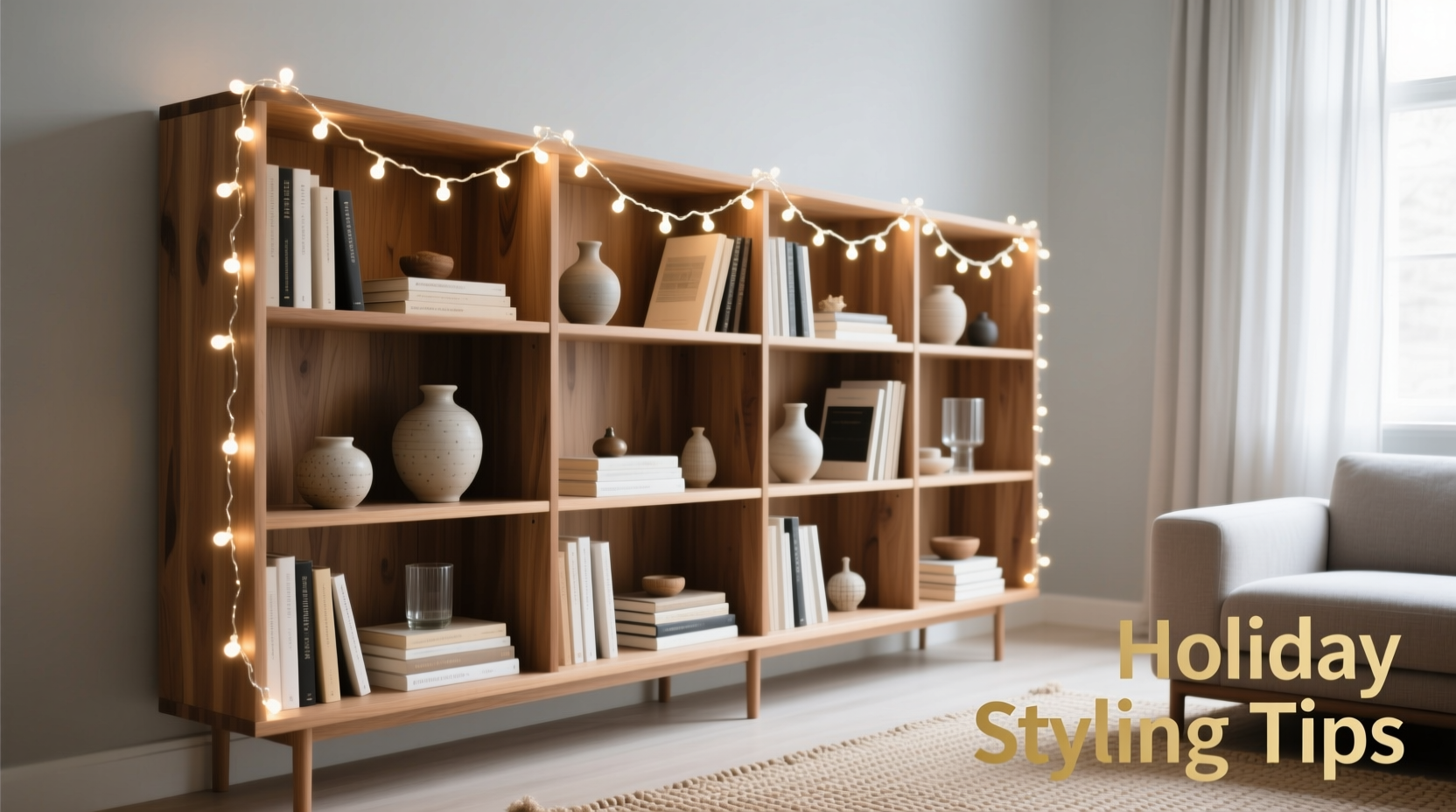 how to integrate christmas lights into bookshelf styling without visual clutter