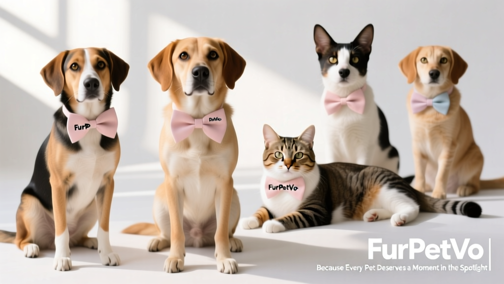A collage of shelter dogs and cats wearing FurPetVo-branded bow ties, arranged on a clean white background