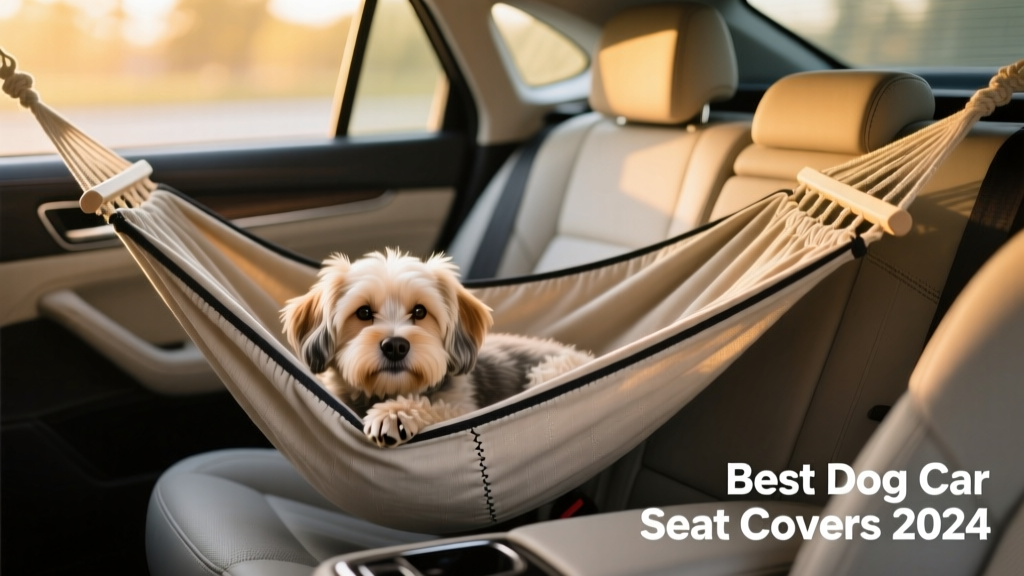 A hammock-style car seat cover installed across the back seat and front seat backs, with a small dog resting peacefully in the center