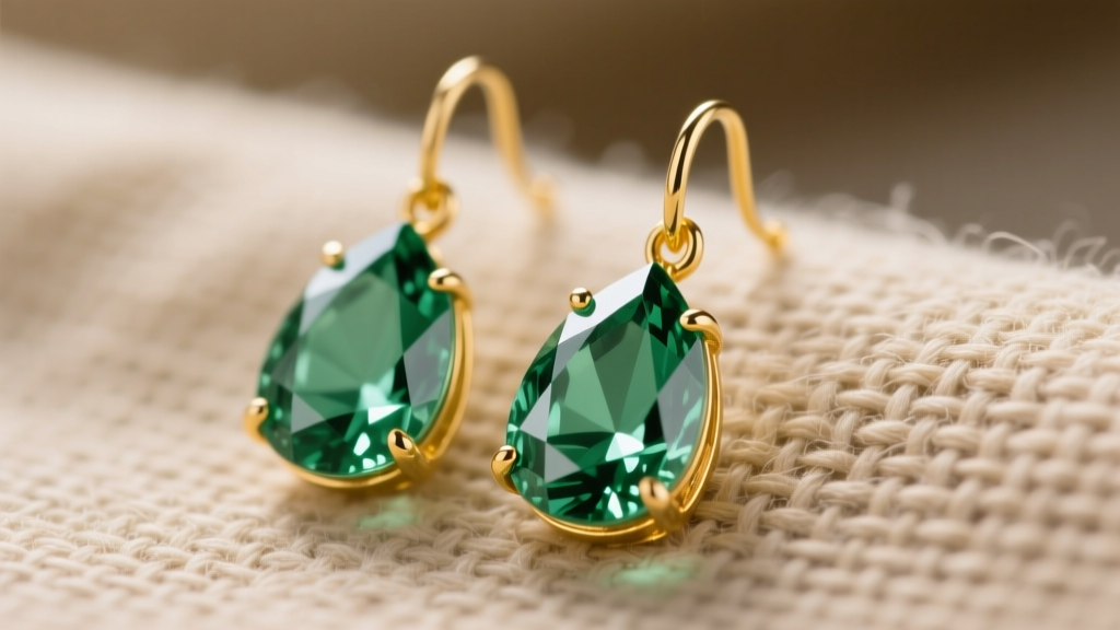 Macro close-up of faceted sage green prehnite drop earrings set in 14k yellow gold resting on textured beige linen in soft light