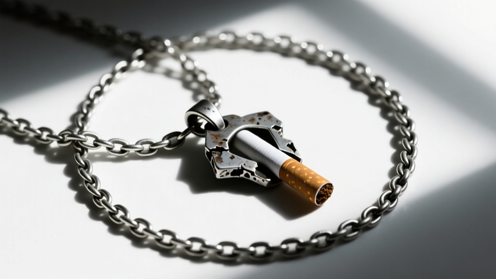 A 2mm oxidized sterling silver rolo chain threaded through the bail of a heavy, grunge-style cigarette pendant, shot from above.