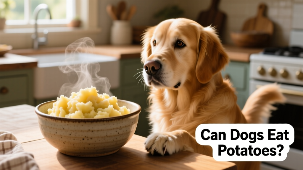 A bowl of plain, cooked mashed potatoes beside a happy dog looking at it