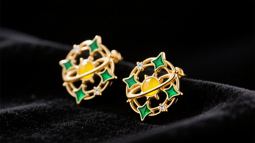 Gold Potara style DBZ fusion earrings on dark velvet, soft studio lighting highlighting intricate green and yellow enamel details.