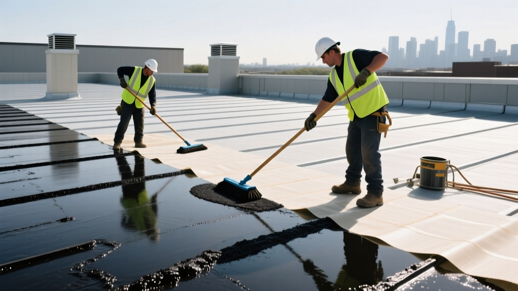 Commercial roofers applying hot asphalt bitumen and fiberglass ply sheets over a flat commercial roof deck using long-handled mops