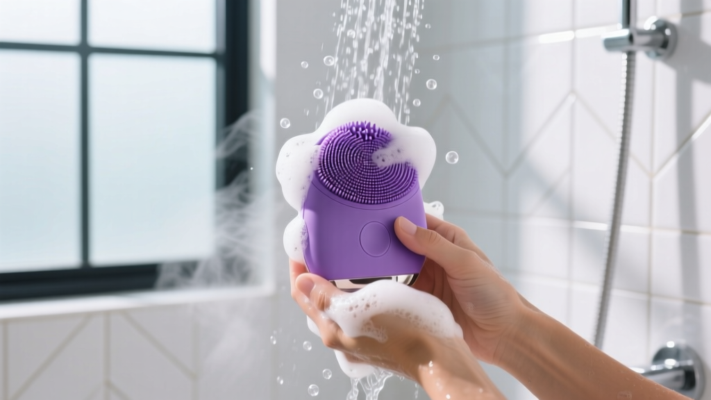 Hands holding a purple silicone sonic facial cleansing brush under running water with foaming gel cleanser in a brightly lit shower