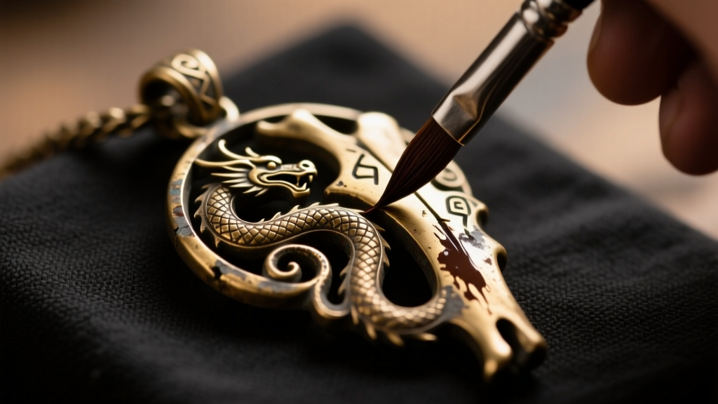 Small brush applying dark brown acrylic wash into crevices of a metal dragonbone pendant to restore its weathered ancient patina