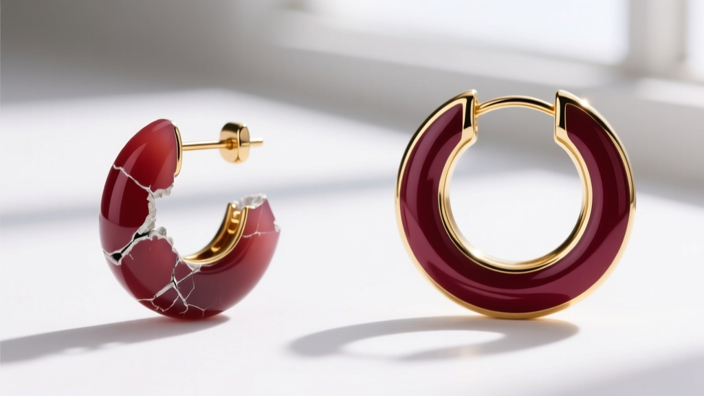 Side-by-side macro comparison showing a chipped cold resin earring next to a flawless vitreous enamel burgundy and gold huggie hoop