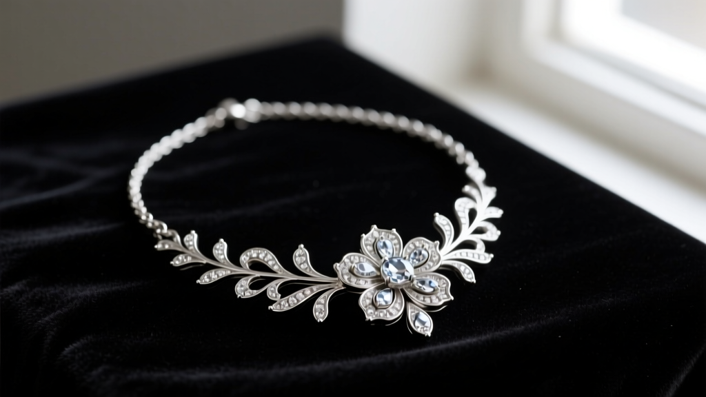Vintage Van Dell sterling silver and marcasite floral pendant necklace on dark velvet, highlighting intricate metal filigree details.