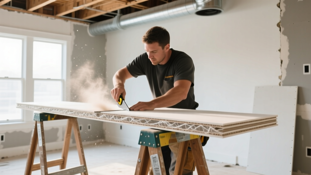 Contractor scoring and snapping a standard 1/2-inch gypsum board panel on sawhorses in a bright, unfinished residential living room.