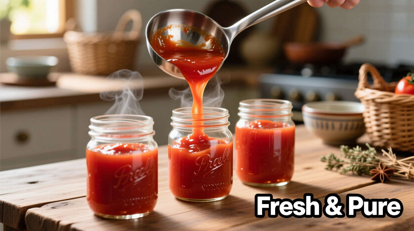 Fresh tomato puree being poured into mason jars