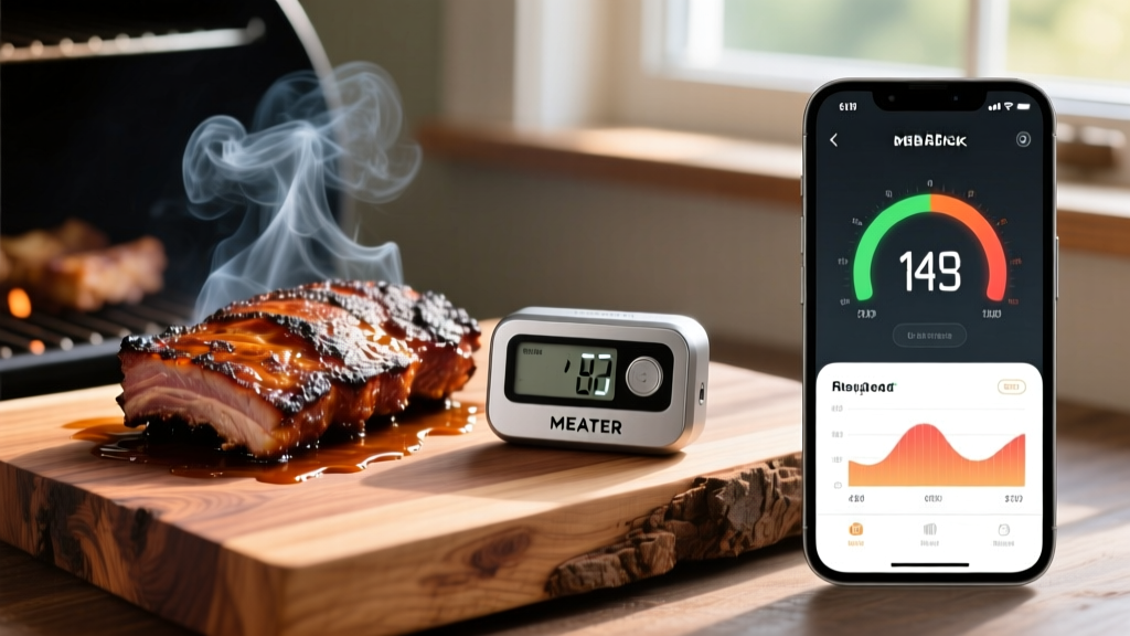 MEATER Block wireless thermometer resting on cedar next to a smoking brisket, with a smartphone app displaying internal temps.