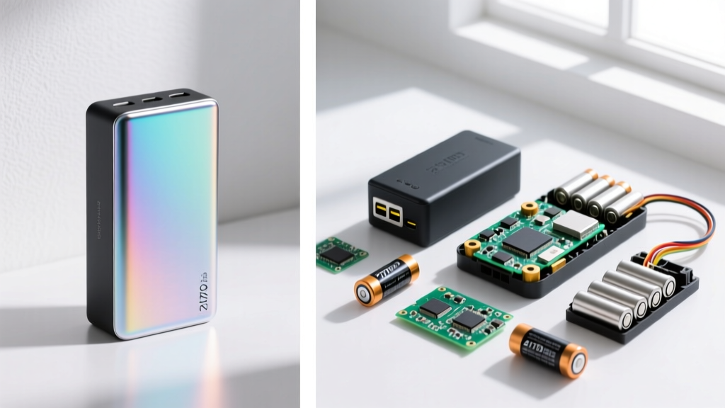 Split workspace showing a retail power bank box on the left and a disassembled wholesale 21700 lithium cell battery pack on the right.