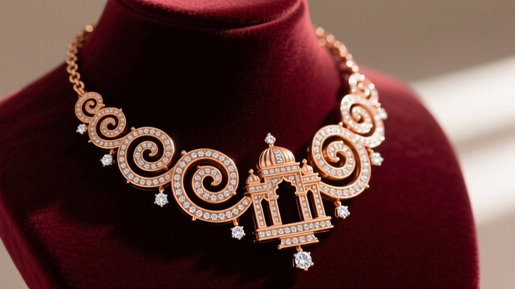 Close-up of an 18k rose gold jalebi necklace with swirling motifs and micro-pave lab-grown diamonds on a velvet bust.