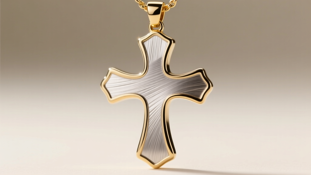 Macro shot of a mixed-metal cross pendant showing brushed silver center and polished gold-plated brass edges under studio lights.