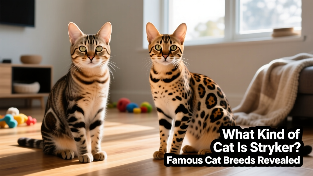 Side-by-side comparison showing a domestic tabby cat and a Savannah cat highlighting differences in ear size, leg length, and coat pattern