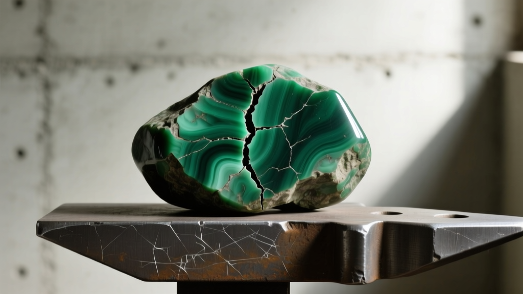 Raw Kawakawa pounamu stone with deep green inclusions and natural fractures resting on a scratched steel jeweler's bench block.