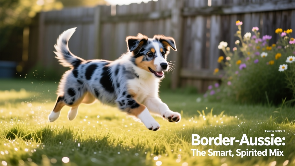 A lively Border-Aussie puppy mid-play in a grassy yard, showing its distinctive merle coat and alert expression
