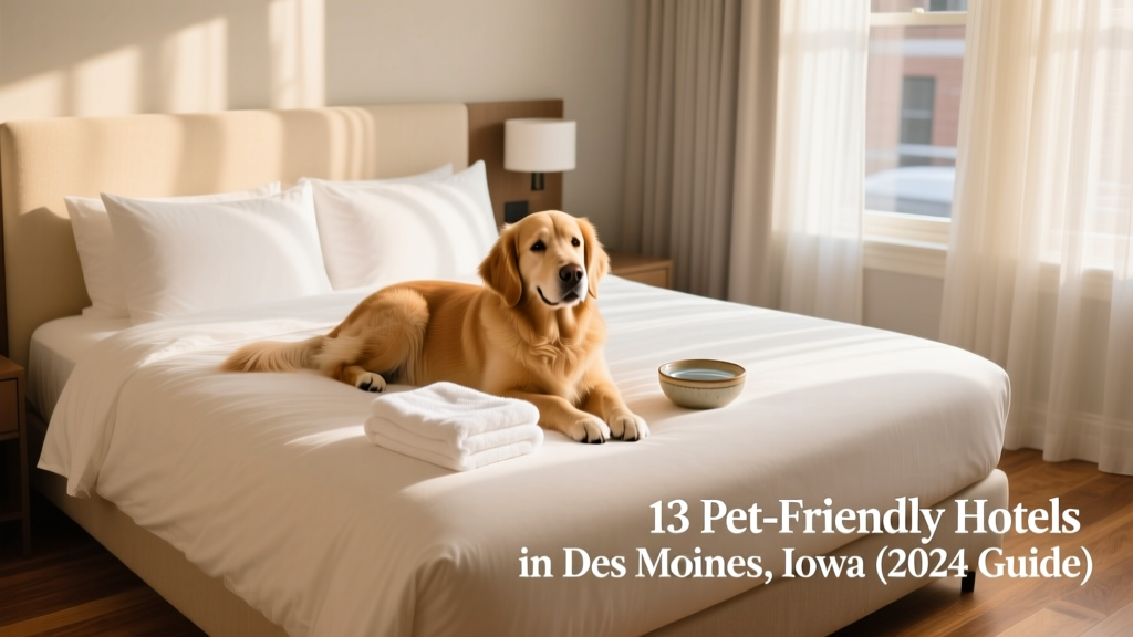 Happy dog resting on a plush hotel bed beside a folded towel and a small bowl of water