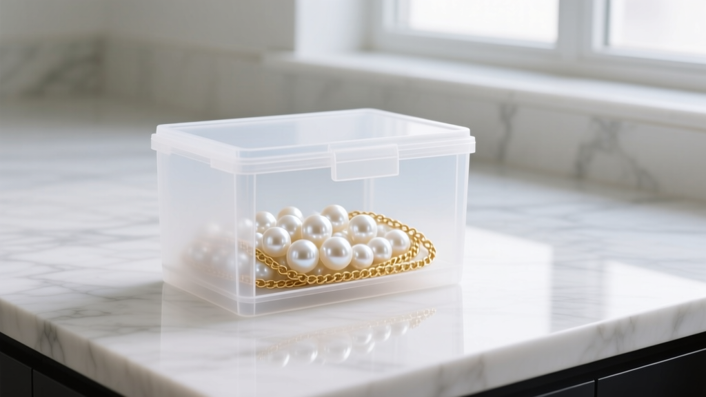 Frosted polypropylene storage box holding freshwater pearls and gold chains, resting on a clean, bright white marble countertop.