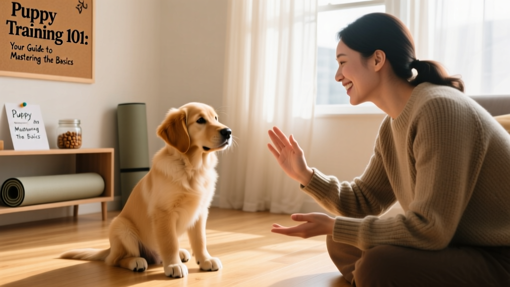 A calm, focused puppy sitting beside their owner during a short indoor training session